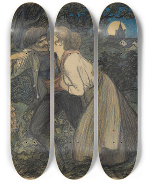 Triptych art skateboard deck of Thophile Alexandre Steinlen La Chienne Au Loup_2 by Theophile Alexandre Steinlen (1859-1923)