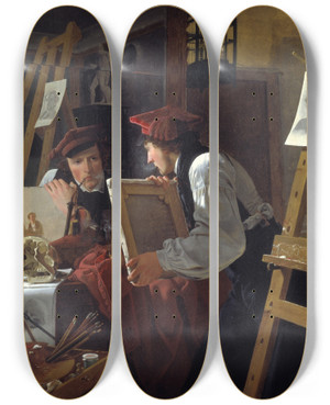 Triptych art skateboard deck of Wilhelm Bendz A Young Artist Ditlev Blunck Examining A Sketch In A Mirror by Wilhelm Bendz (1804-1832)