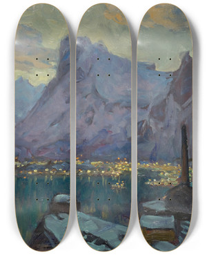 Triptych art skateboard deck of Anna Boberg Svolvaer Harbour At The Height Of The Fishing Season Study From Lofoten by Anna Boberg (1864-1935)