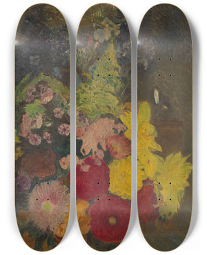 Triptych art skateboard deck of Sigmund Walter Hampel Blumenstillleben by Sigmund Walter Hampel (1868-1949)