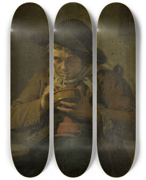 Triptych art skateboard deck of Jan Ekels The Younger Peasant Lighting His Pipe by Jan Ekels the Younger (1759-1793)