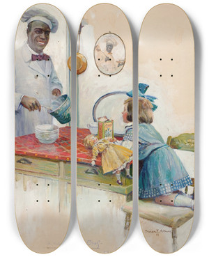 Triptych art skateboard deck of Susan E Arthurs A Visit With Chef Cream Of Wheat Advertisement by Susan E Arthurs (20-)