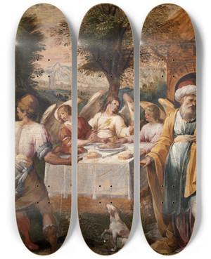 Triptych art skateboard deck of Avanzino Nucci Abraham And The Three Angels by Avanzino Nucci (1551-1629)