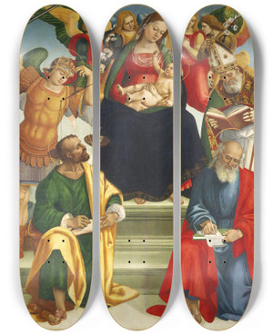 Triptych art skateboard deck of Luca Signorelli Madonna And Child With Saints And Angels by Luca Signorelli (1470-1523)