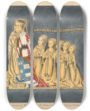 Triptych art skateboard deck of Daniel Lysons Brass Plate Monument Of The Duchess Of Northumberland And Her Daughters Chelsea Church by Daniel Lysons (1762-1834)