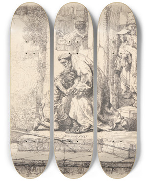Triptych art skateboard deck of Rembrandt Van Rijn Return Of The Prodigal Son_2 by Rembrandt Van Rijn (1606-1669) Triptych art skateboard deck of Rembrandt Van Rijn Return Of The Prodigal Son_2 by Rembrandt Van Rijn (1606-1669)