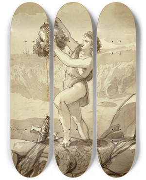 Triptych art skateboard deck of Alfred Edward Chalon David And Goliath by Alfred Edward Chalon (1780-1860)