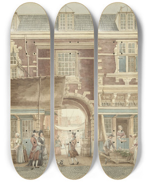 Triptych art skateboard deck of Hermanus Petrus Schouten De Kleine Vispoort Op De Vijgendam Met Een Doorkijk Naar De Vismarkt by Hermanus Petrus Schouten (1747-1822)