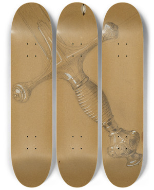 Triptych art skateboard deck of Johann Peter Krafft Studie Eines Schwertes by Johann Peter Krafft (1780-1856)