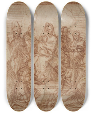 Triptych art skateboard deck of Andrea Del Sarto Enthroned Madonna With Child And Eight Saints by Andrea del Sarto (1486-1530)