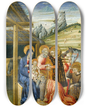 Triptych art skateboard deck of Giovanni Di Paolo The Adoration Of The Magi_3 by Giovanni Paolo Spadino (1403-1482)