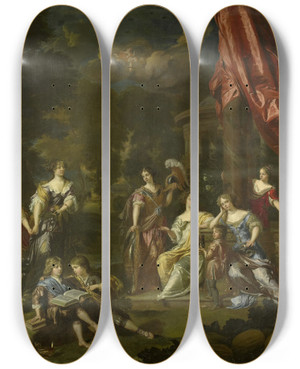 Triptych art skateboard deck of Danil Mijtens The Younger Allegorizing Group Portrait Of The Children Of Diederic Pietersz Van Leyden Van Leeuwen Burgomaster Of Leiden And Alida Paets by Daniel Mijtens The Younger (1644-1688)