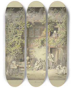 Triptych art skateboard deck of Franz Niklaus Knig Das Abendbrot by Franz Niklaus Konig (1765-1832)