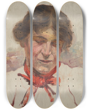 Triptych art skateboard deck of Aurel Ballo Head Study Of Woman With Red Bow by Aurel Ballo (1871-1940)