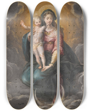 Triptych art skateboard deck of Cristoforo Roncalli The Madonna And Child On A Crescent Moon by Cristoforo Roncalli (1552-1626)