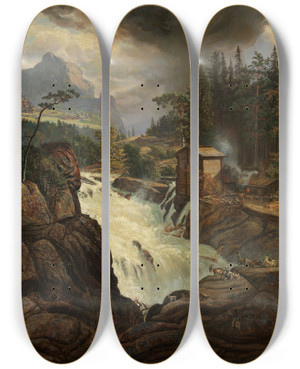 Triptych art skateboard deck of Johan Christian Dahl The Upper Falls Of The Labrofoss by Johan Christian Dahl (1788-1857)