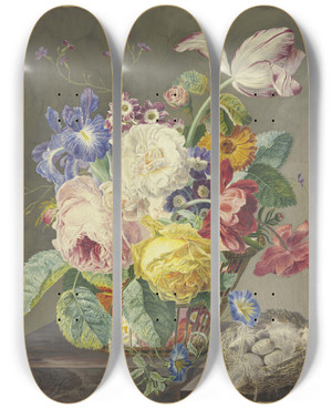 Triptych art skateboard deck of Jan Van Huysum Flowers In A Woven Basket And A Birds Nest by Jan Van Huysum (1682-1749)