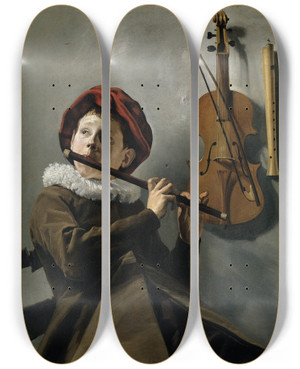 Triptych art skateboard deck of Judith Leyster Boy Playing The Flute by Judith Leyster (1609-1660)