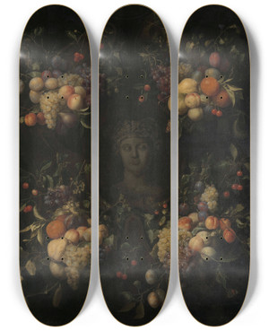 Triptych art skateboard deck of Joris Van Son Simulated Sculpted Head Of A Woman In A Cartouche Decorated With Swags Of Fruit by Joris Van Son (1623-1667)
