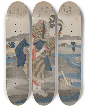 Triptych art skateboard deck of Utagawa Kuniyoshi Woman Fastening Her Skirts From The Series Five Pictures Of Low Tide by Utagawa Kuniyoshi (1797-1861)