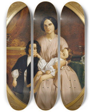 Triptych art skateboard deck of Claudi Lorenzale Portrait Of The Painters Wife And Children by Claudi Lorenzale (1814-1889)