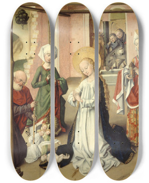 Triptych art skateboard deck of Master Of The Saint Bartholomew Altarpiece Ladoration De Lenfant by Master Of The Saint Bartholomew Altarpiece (1475-1510)