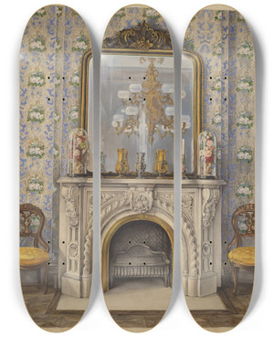 Triptych art skateboard deck of Elisabeth Fulda Portion Of A Drawing Room by Elisabeth Fulda