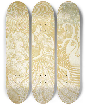Triptych art skateboard deck of Jan Toorop Vrouw Met Vlinder Bij Een Vijver Met Twee Zwanen by Jan Toorop (1858-1928)