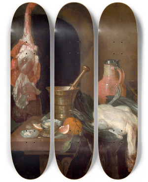 Triptych art skateboard deck of Abraham Van Beyeren Preparations For A Meal by Abraham Van Beyeren (1620-1690)