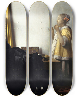 Triptych art skateboard deck of Johannes Vermeer Young Woman With A Pearl Necklace by Johannes Vermeer (1632-1675)