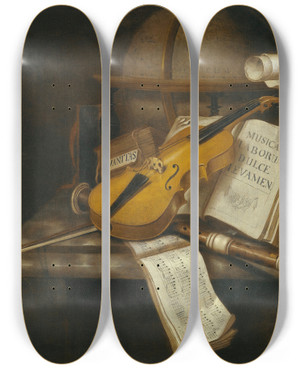 Triptych art skateboard deck of Edwaert Collier A Vanitas Still Life With A Violin A Recorder And A Score Of Music On A Marble Tabletop by Edwaert Collier (1640-1707)