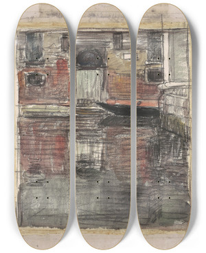 Triptych art skateboard deck of Eugne Vail Reflections Venetian Canal by Eugene Vail (1857-1934)