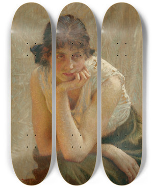 Triptych art skateboard deck of Vlaho Bukovac A Portrait Of The Artists Daughter by Vlaho Bukovac (1855-1922)