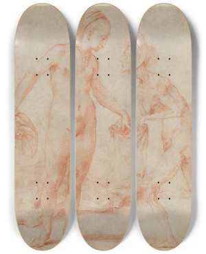 Triptych art skateboard deck of Rosso Fiorentino Judith With The Head Of Holofernes by Rosso Fiorentino (1494-1540)