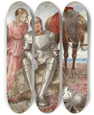Triptych art skateboard deck of Hans Thoma Erika And Seated Knight by Hans Thoma (1839-1924)