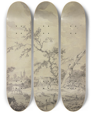 Triptych art skateboard deck of Adrianus De Visser Hirtenknabe Mit Rindern Schafen Und Ziegen Bei Einem Drren Und Einem Abgestorbenen Baum Im Hintergrund Ruinen Ein Turm Und Eine Kirche by Adrianus de Visser (1762-1837)