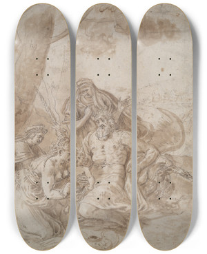 Triptych art skateboard deck of Frans Floris Birth Ofbacchus by Frans Floris (1519-1570)