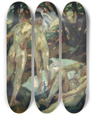Triptych art skateboard deck of Leo Putz Die Badenden Hartmannsberg by Leo Putz (1869-1940)