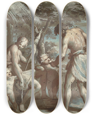 Triptych art skateboard deck of Carlo Alberto Baratta Adam And Eve With Cain And Abel by Carlo Alberto Baratta (1754-1815)