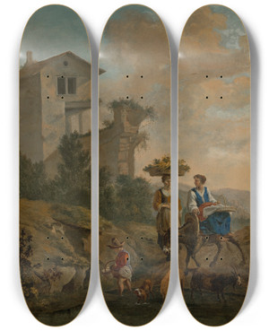 Triptych art skateboard deck of Hendrick Mommers An Italianate Landscape With Women Travelling To Market by Hendrick Mommers (1623-1693)
