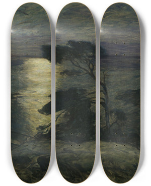 Triptych art skateboard deck of Thorolf Holmboe Pine Tree On The Coast In Moonlight by Thorolf Holmboe (1866-1935)