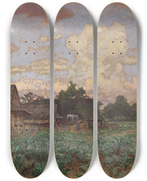 Triptych art skateboard deck of Jindich Tomec Bauernhof In Schlesien by Jindrich Tomec (1863-1928)