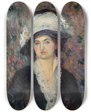 Triptych art skateboard deck of William James Glackens Shop Lady Woman In A Feathered Hat by William James Glackens (1870-1938)