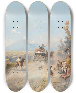 Triptych art skateboard deck of Franz Richard Unterberger On The Way To Pompeii With Vesuvius Beyond by Franz Richard Unterberger (1838-1902)