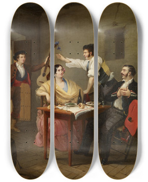 Triptych art skateboard deck of Manuel Cabral Aguado Bejarano Singing At The Table by Manuel Cabral Aguado Bejarano (1827-1891)