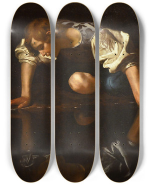 Triptych art skateboard deck of Caravaggio Narcissus by Caravaggio (1571-1610)