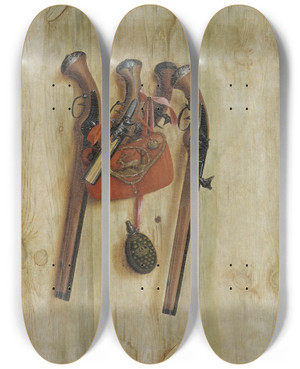 Triptych art skateboard deck of Cornelius Norbertus Gijsbrechts Trompe Loeil With Pistols by Cornelius Norbertus Gijsbrechts (1630-1675)