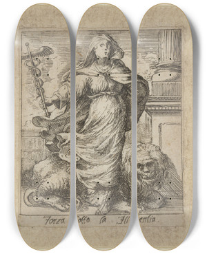 Triptych art skateboard deck of Johann Wilhelm Baur Forza Sottoposta Alleloquenza by Johann Wilhelm Baur (1607-1640)