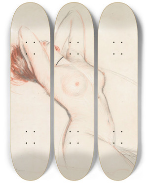 Triptych art skateboard deck of Paul Csar Helleu Nu by Paul Cesar Helleu (1859-1927)