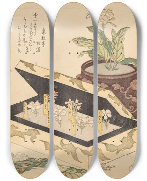 Triptych art skateboard deck of Kubo Shunman Assortment Of Primroses In A Lacquerbox by Kubo Shunman (1757-1820)